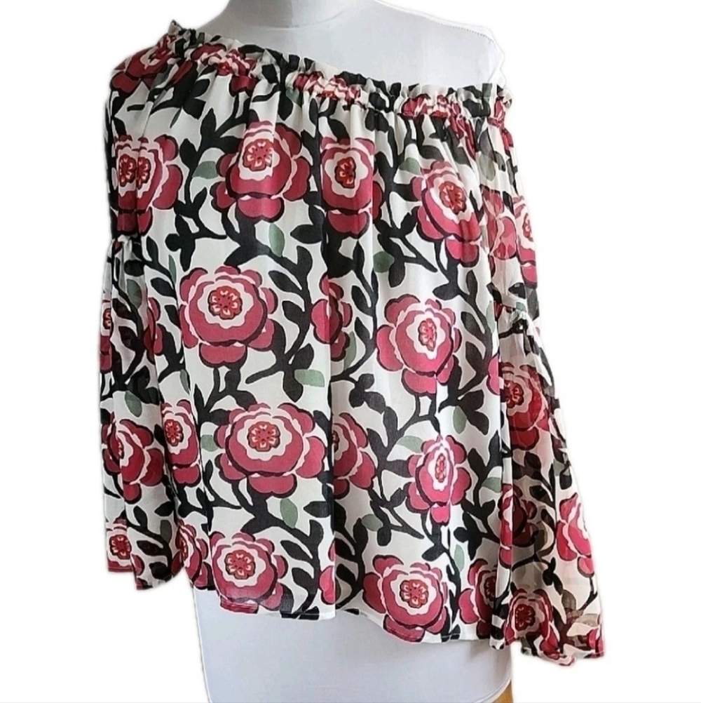 LOFT Floral Off-Shoulder Peasant Blouse Sheer Lined Chiffon Red Rose Print XS
